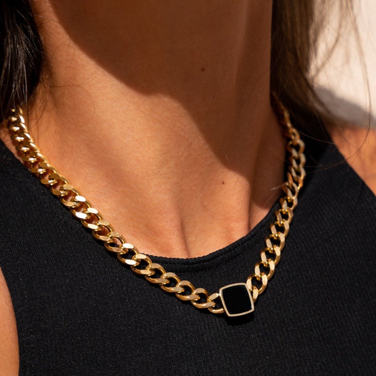 Onyx Square Pendant Necklace 18K Gold Plated